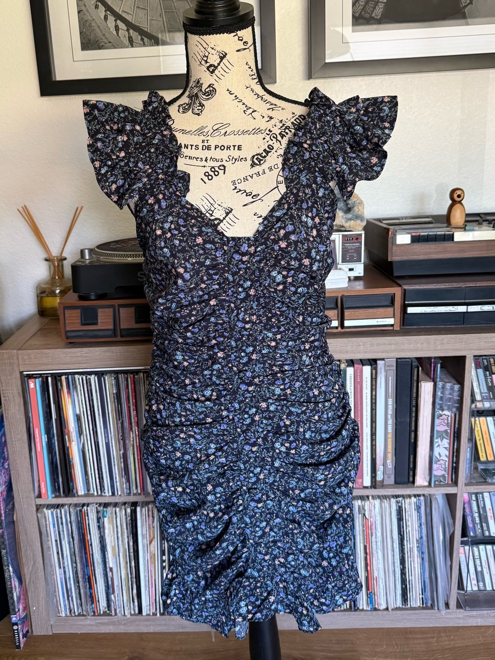 Dress Forum ruched Black floral Mini Dress with Pink & Blue Floral Print
